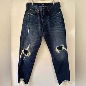 Gap Denim Best Girlfriend Jeans Dark Wash Blue Stretch Destroyed Women’s Sz 28R